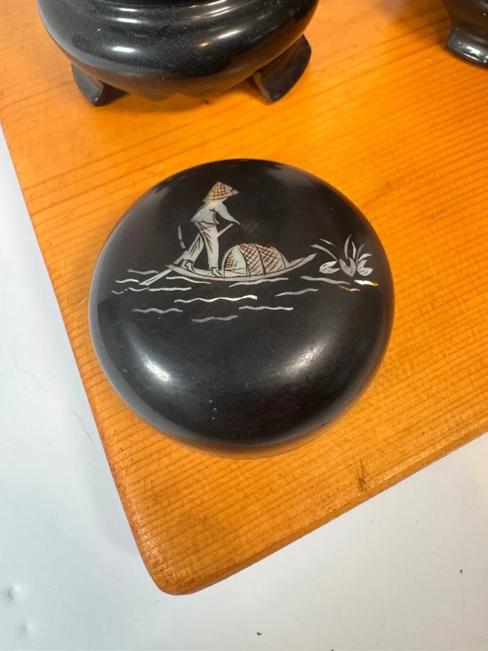 Vintage black lacquer vase/vessel with traditional East Asian-style inlay